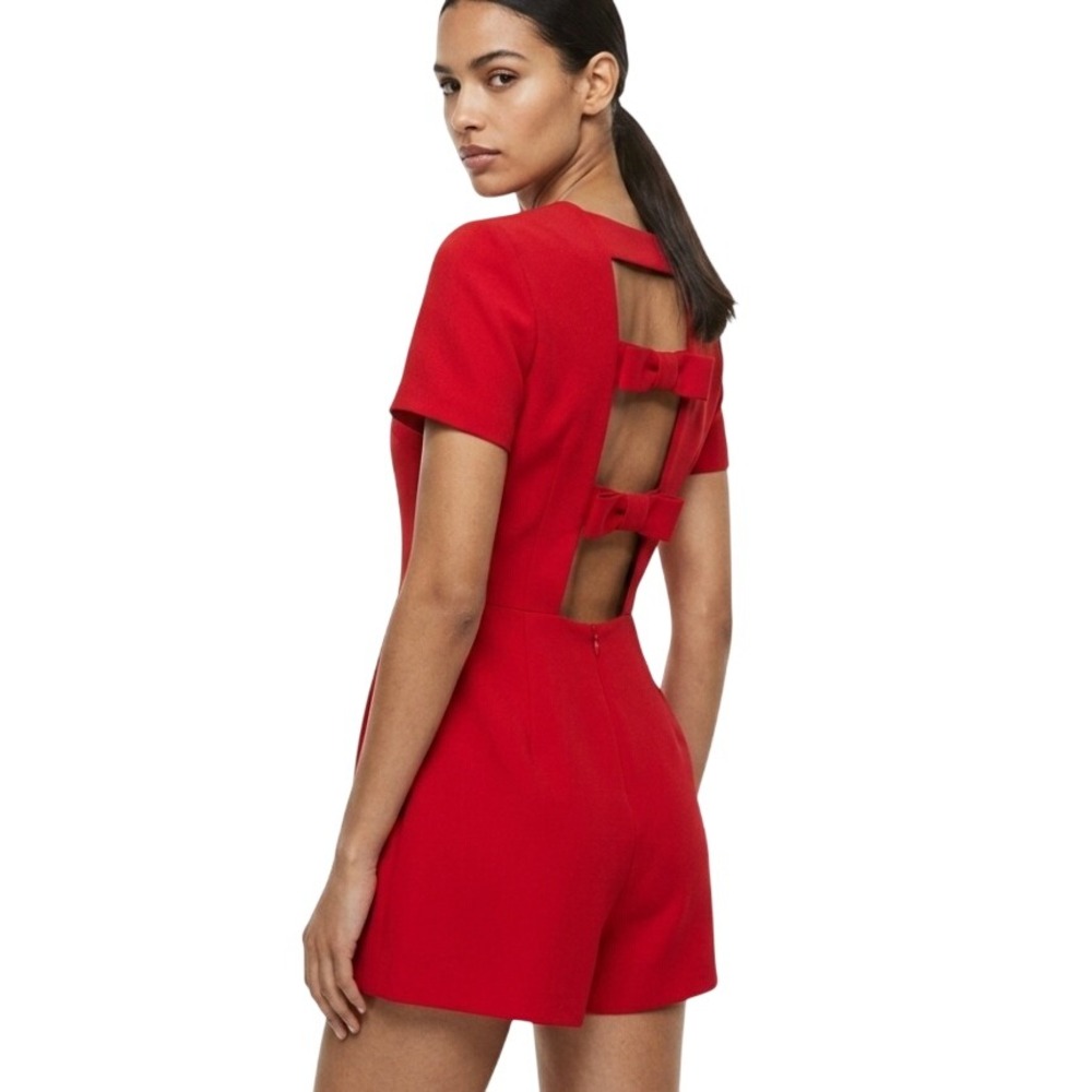 Zara Romper Women XS Red Bow‎ Back Cut Out Barbiecore Minimalist Jumpsuit Summer